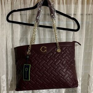 C. Wonder Quilted Tote in Burgundy with Gold Chain Handles